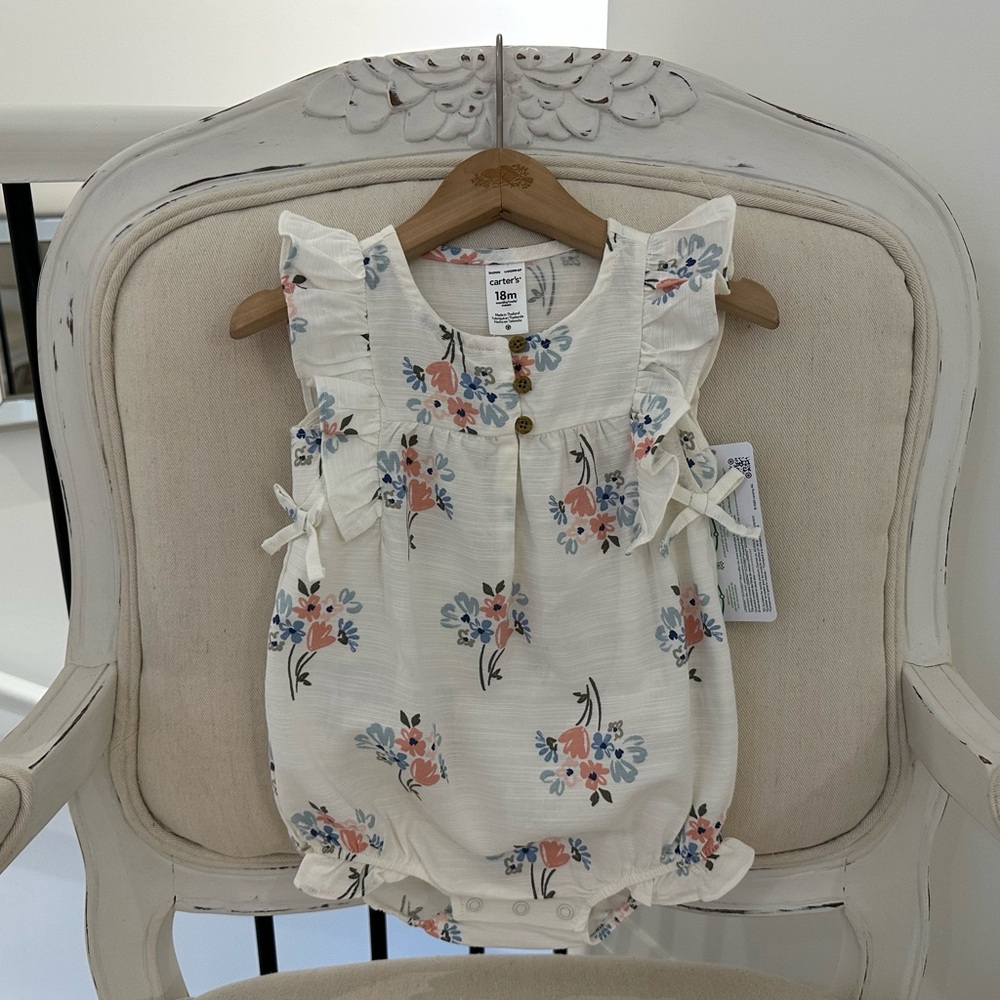 🐇 18 Mth Linen Floral Bubble Romper With Bows Sustainable Fabric